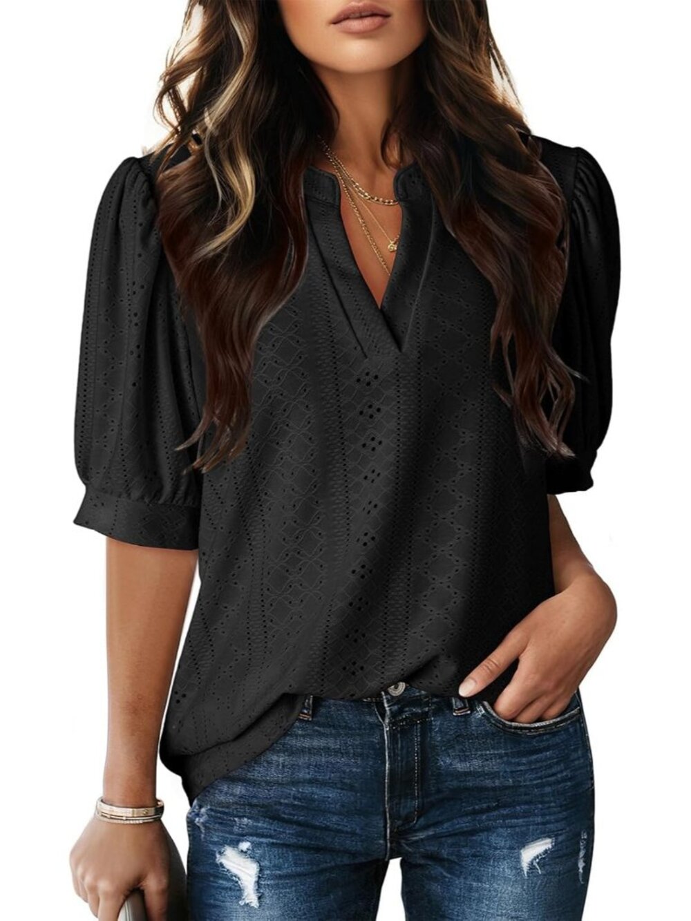 Womens Blouses V Neck Puff Short Sleeve Business Casual Tops